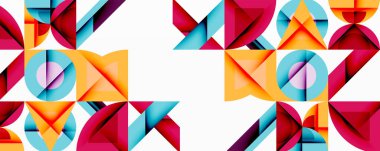 Soyut geometrik şekiller, canlı renkler, tekrarlayan desenler. Modern tasarım, temiz çizgiler, görsel uyum. Parlak bileşim.