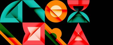 Soyut geometrik şekiller, canlı renkler, modern tasarım. Kompozisyonda üçgenler, daireler, kareler, eğriler var. Minimalist estetik.