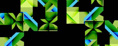 Soyut geometrik şekiller örtüşür, canlı yeşil, mavi bir bileşim yaratır. Keskin açılı minimalist tasarım, modern estetik..