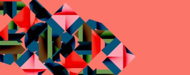 Soyut geometrik şekiller örtüşür, dinamik bileşim yaratır. Kırmızı, siyah, yeşil renkler mercan arka planına hakim. Modern tasarım.