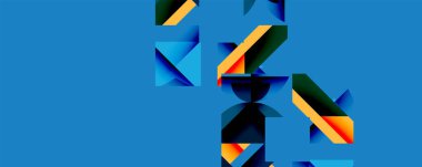 Soyut geometrik şekiller örtüşür, dinamik bileşim yaratır. Mavi arkaplan, turuncu ve koyu renkleri vurguluyor. Modern tasarım.