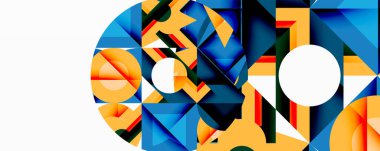 Soyut geometrik bileşim. Şekiller örtüşüyor, dinamik görsel ilgi yaratıyor. Turuncu, mavi, beyaz baskın tasarım. Modern estetik.