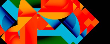 Soyut geometrik bileşim. Canlı renkler kesişiyor, dinamik görsel deneyim yaratıyor. Şekiller çakışıyor, karmaşık desenler oluşturuyor.