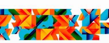 Soyut geometrik şekiller, canlı renkler dinamik desen oluşturur. Üst üste binen üçgenler, dikdörtgenler modern tasarım oluşturur.