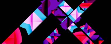 Soyut geometrik şekiller örtüşür, koyu arkaplana karşı canlı köşegenler oluşturur. Renkler arasında pembeler, morlar, maviler, kırmızılar.