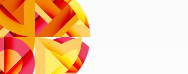 Soyut geometrik tasarım. Parlak turuncu, sarı, kırmızı renkler dinamik dairesel desen oluşturur. Minimalist tarz, temiz çizgiler, modern estetik..