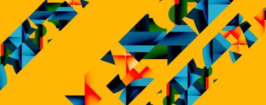 Soyut geometrik şekiller, parlak sarı arka planla örtüşür. Kalın renkler dinamik görsel doku yaratır. Modern tasarım elemanları.