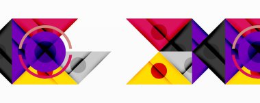 Soyut geometrik bileşim. Şekiller örtüşüyor, canlı bir görsel ilgi yaratıyor. Renkler arasında mor, pembe, sarı, gri, siyah.