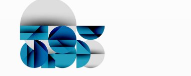 Soyut geometrik bileşim. Üst üste binen daireler, dikdörtgenler modern görsel efektler yaratır. Mavi, beyaz renkler dizaynın hakimi.