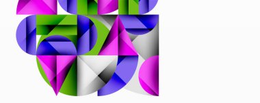 Soyut geometrik bileşim. Canlı renkler kesişiyor, dinamik şekiller yaratıyor. Modern tasarım, temiz çizgiler, görsel uyum.