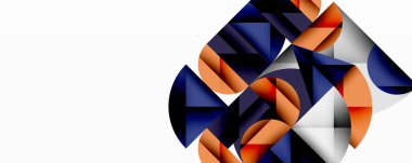 Soyut geometrik şekiller örtüşür, dinamik bileşim yaratır. Mavi, turuncu, beyaz tonlar tasarımda baskın. Modern estetik.