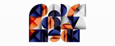Soyut geometrik bileşim. Çemberler, üçgenler, kareler harf şekilleri oluşturarak kenetlenir. Turuncu, donanma, beyaz renk şeması egemen.