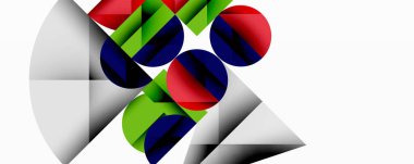 Soyut geometrik bileşim. Çemberler, üçgenler çakışıyor, dinamik görsel etki yaratıyor. Renkler arasında kırmızı, yeşil, donanma, gri.