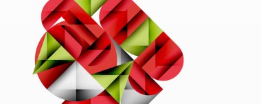 Soyut geometrik tasarım. Kırmızı, yeşil yönler karmaşık iç içe geçmiş şekiller yaratır. Minimalist tarz, temiz çizgiler, modern estetik..