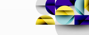 Soyut geometrik bileşim. Çemberler, kareler, üçgenler üst üste binerek modern görsel efekt yaratıyorlar. Parlak renkler beyaz arkaplana hakim.