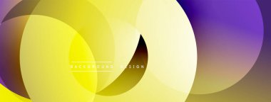 Soyut daireler örtüşüyor, parlak sarı ve mor renkler yaratıyor. Modern tasarım, pürüzsüz geçişler, dinamik kompozisyon.