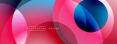 Soyut çemberler çakışıyor, canlı gradyanlar yaratıyor. Kırmızı, mavi, pembe renkler tasarımda baskın. Modern estetik.