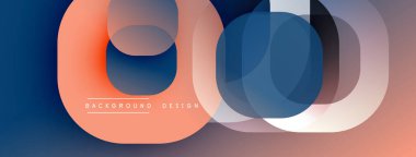 Soyut geometrik şekiller üst üste binerek modern tasarım yaratıyor. Yumuşak gradyanlar turuncu, mavi ve gri renkleri harmanlarlar. Minimalist kompozisyon.