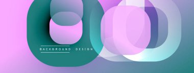 Soyut şekiller örtüşür, canlı bir değişim etkisi yaratır. Pembe, deniz mavisi, mor renkler kompozisyona hakim. Modern tasarım ögesi.