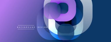 Soyut geometrik bileşim. Üst üste binen daireler harf formu oluşturur, renkler mor, mavi renkler sunar. Modern tasarım ögesi.