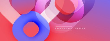 Soyut çemberler çakışıyor, canlı gradyanlar yaratıyor. Pembe, mor, mavi renkler kompozisyona hakim. Modern tasarım ögesi.