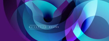 Soyut sıvı şekiller, canlı maviler, morlar modern arka plan yaratır. Üst üste binen katmanlar derinlik ve dinamik bileşim öneriyor.
