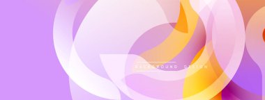 Soyut katmanlar, yumuşak eğimler, mor renkler baskın gelir. Üst üste binen daireler dinamik görsel efekt yaratır. Modern tasarım ögesi.