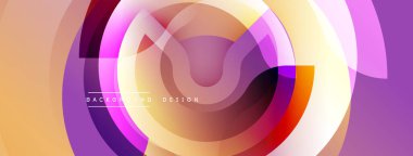 Soyut katmanlar canlı dairesel tasarım yaratır. Yumuşak gradyanlar mor, turuncu ve sarı renkleri harmanlarlar. Modern arkaplan dokusu.