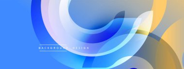 Soyut tasarım özellikleri üst üste binen şeffaf daireler. Mavi, sarı renkler modern estetik yaratıyor. Minimalist kompozisyon, pürüzsüz gradyanlar mevcut.