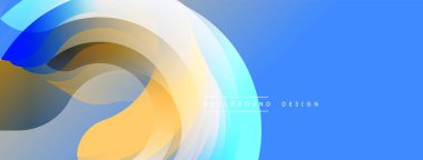 Soyut akış şekilleri, mavi, turuncu, beyaz katmanlar dinamik arkaplan oluşturur. Modern tasarım, düzgün eğimler, görsel uyum.