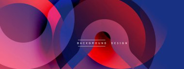 Soyut çemberler çakışıyor, canlı gradyanlar yaratıyor. Renkler pembe, kırmızı, mavi, mor. Arka planlar için modern tasarım ögesi.