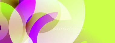 Soyut enerji çemberleri çakışıyor, dinamik eğimler yaratıyor. Sarı, mor, yeşil renkler tasarımda baskın. Modern estetik.