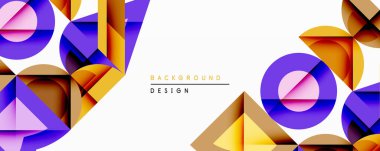 Soyut geometrik bileşim. Üst üste binen daireler, üçgenler dinamik görsel efekt yaratır. Sıcak mor, altın tonlar dizaynın hakimi. Modern, temiz estetik.