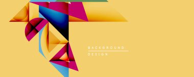 Soyut geometrik bileşim. Parlak renkli şekiller örtüşür, dinamik görsel efekt yaratır. Sarı arkaplan karşıtlık sağlar, modern tasarım ögesi.