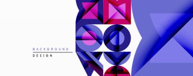 Soyut geometrik bileşim. Canlı mor, mor, mavi şekiller, dinamik görsel efekt oluşturur. Arkaplan ve sunumlar için uygun modern tasarım.