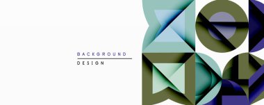 Soyut geometrik tasarım katmanlı şekiller, serin renk paleti. Üst üste binen üçgenler, daireler, dikdörtgenler içeren minimalist kompozisyon. Arka planlar ve sunumlar için modern estetik.