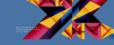 Soyut geometrik bileşim. Canlı üçgenler dinamik katmanlı etki yaratır. Kalın renkli, morumsu, lacivert, mavi arka plana karşı deniz kontrastı. Modern tasarım ögesi.