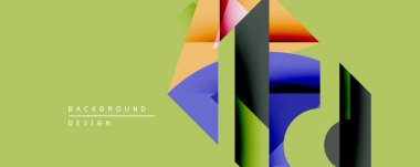 Soyut geometrik bileşim. Üst üste binen şekiller dinamik görsel efekt yaratır. Parlak renkler sessiz yeşil arkaplan ile tezat oluşturur. Modern tasarım ögesi.