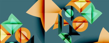 Soyut geometrik bileşim. Şekiller çakışıyor, derinlik yaratıyor. Turuncu, deniz mavisi, sarı renkler baskın. Modern tasarım, temiz çizgiler, görsel uyum mevcut..