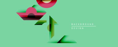 Soyut geometrik şekiller örtüşür, dinamik bileşim yaratır. Yumuşak eğimler pembe, yeşil, kestane rengi açık deniz mavisi arkaplanına karşı harmanlanır. Modern tasarım ögesi.