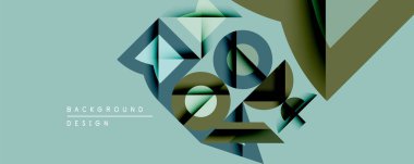 Soyut geometrik tasarım. Üst üste binen şekiller dinamik bileşim yaratır. Sönük deniz mavisi, zeytin, gri tonlar egemen. Modern estetik, uygun arkaplan ögesi.