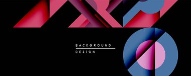 Soyut geometrik tasarım, siyah arkaplan üzerinde canlı pembe, mavi şekiller barındırır. Üst üste binen katmanlar derinlik yaratır, modern estetik. Dijital projeler için uygun minimalist kompozisyon.