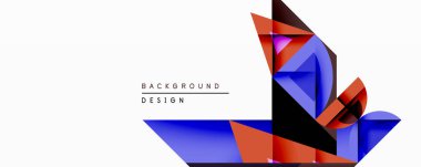 Soyut geometrik bileşim. Dinamik şekiller üst üste binerek katmanlı görsel efekt yaratır. Mavi, kırmızı, siyah renkler tasarımda baskın. Minimalist tarz, modern estetik.