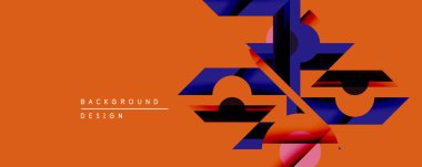 Soyut geometrik bileşim. Turuncu arkaplan özellikleri üst üste binen şekiller, çizgiler, gradyanlar. Modern tasarım, dinamik görsel deneyimi çağrıştırıyor. Minimalist estetik.