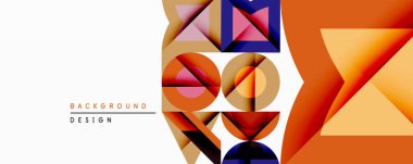 Soyut geometrik bileşim. Üst üste binen şekiller dinamik görsel efekt yaratır. Sıcak renk paleti turuncu, mavi ve bej renkleriyle baskın gelir. Modern tasarım ögesi.