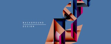 Soyut geometrik tasarım katmanlı kurdeleler içerir. Ilık turuncu, mor renkler serin mavi arkaplan. Modern estetik, minimalist kompozisyon dinamik görsel etki yaratır.