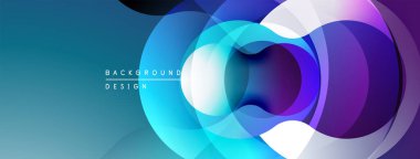 Soyut tasarım, üst üste binen daireler, canlı maviler, morlar. Gradyan etkisi derinlik yaratır, modern estetik. Minimalist kompozisyon.