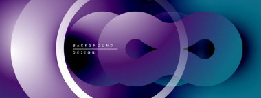 Soyut daireler örtüşüyor, canlı mor ve mavi renkler yaratıyor. Modern tasarım akıcılık, hareket, derinlik öneriyor. Minimalist estetik.