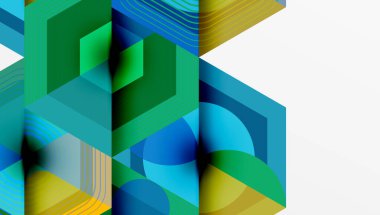 Soyut geometrik bileşim. Altıgenler, daireler, çizgiler canlı, katmanlı görsel deneyimler yaratır. Serin tonlar hakim, sarı aksanlı.