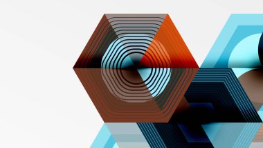 Soyut geometrik tasarım. Altıgenler üst üste binerek katmanlı etki yaratıyor. Sıcak, serin renkler harmanlanır, modern kompozisyon oluşturulur.